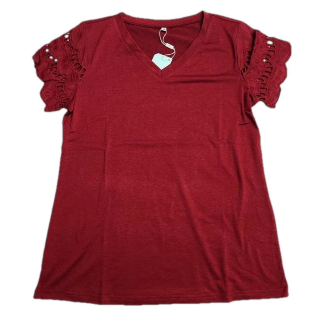 3/$25 Ruby Red short sleeve tee shirt embroidered eyelet NWT Wiholl V neck